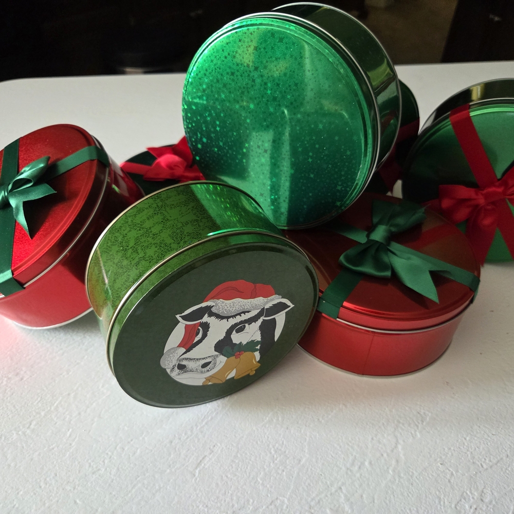 Festive Cow Holiday Tin and Red and Green Tins Adorned with Ribbon (5)